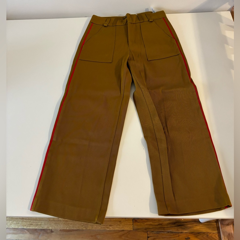 NWT Zara Trafaluc Tan Cropped Wide Leg Pants Red Side Stripe Size S - Picture 3 of 7
